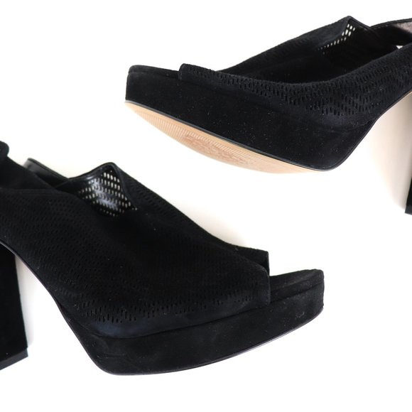 Vince Camuto Jenseya Perforated Peep Toe Wedge Heels Black Suede Leather 10 - Picture 5 of 10